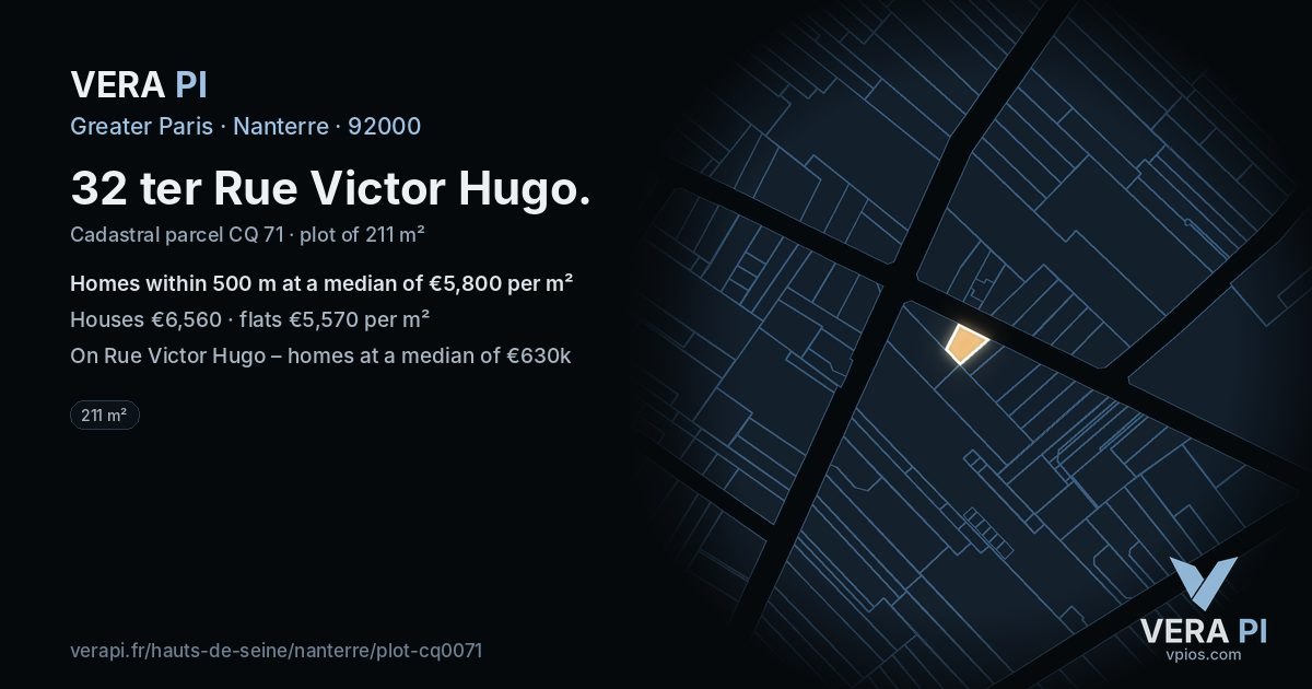32 ter Rue Victor Hugo, Nanterre at night – the plot lit, the parcels around coloured by the prices near them