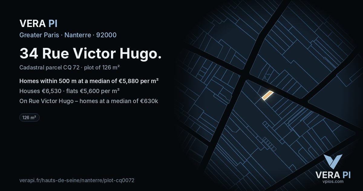 34 Rue Victor Hugo, Nanterre at night – the plot lit, the parcels around coloured by the prices near them