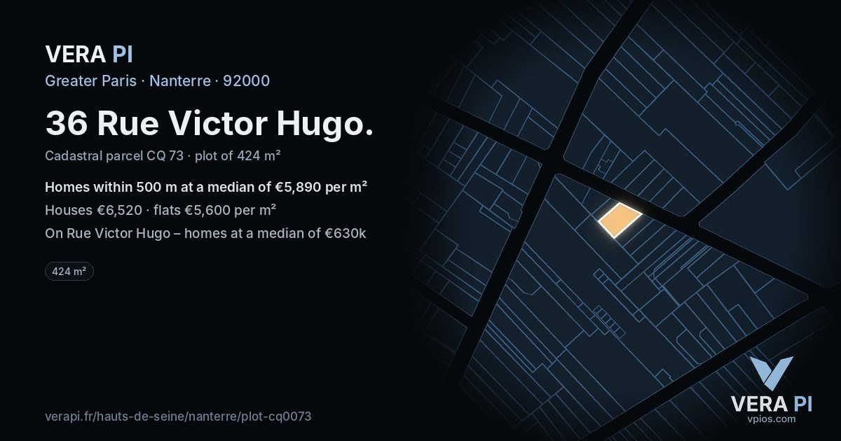 36 Rue Victor Hugo, Nanterre at night – the plot lit, the parcels around coloured by the prices near them