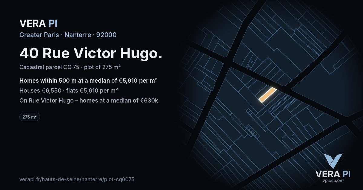 40 Rue Victor Hugo, Nanterre at night – the plot lit, the parcels around coloured by the prices near them