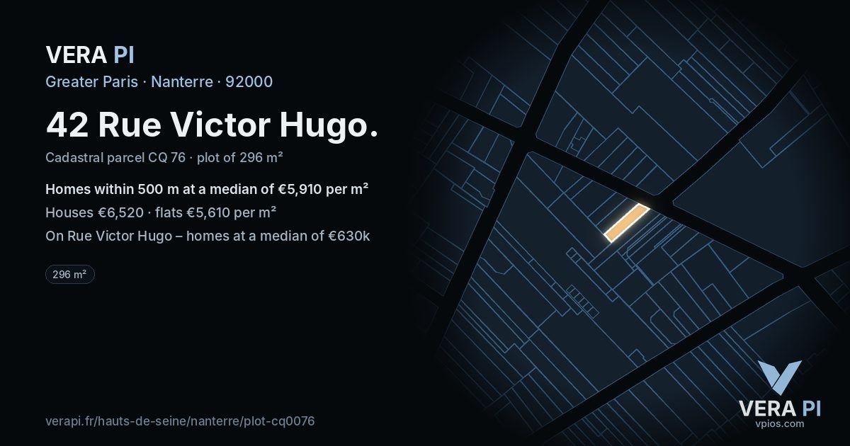 42 Rue Victor Hugo, Nanterre at night – the plot lit, the parcels around coloured by the prices near them