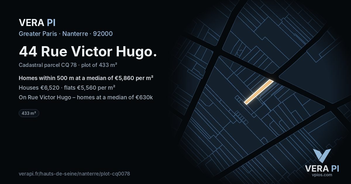 44 Rue Victor Hugo, Nanterre at night – the plot lit, the parcels around coloured by the prices near them