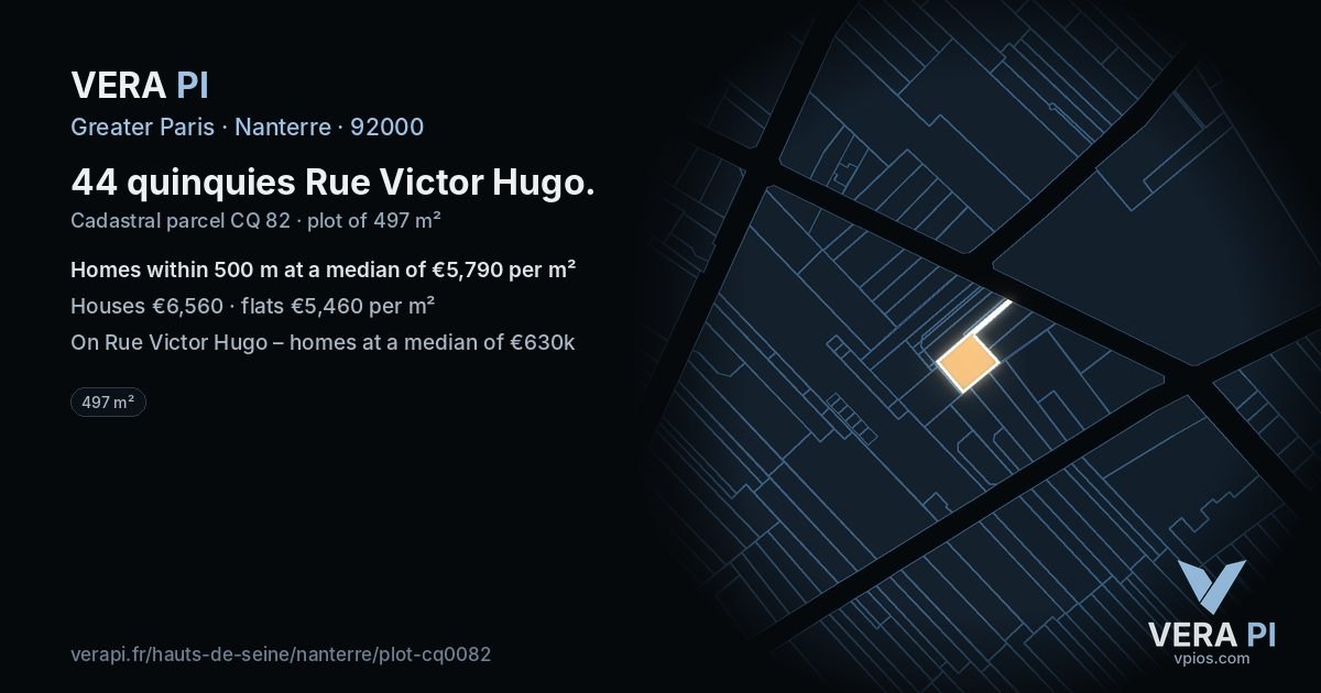 44 quinquies Rue Victor Hugo, Nanterre at night – the plot lit, the parcels around coloured by the prices near them