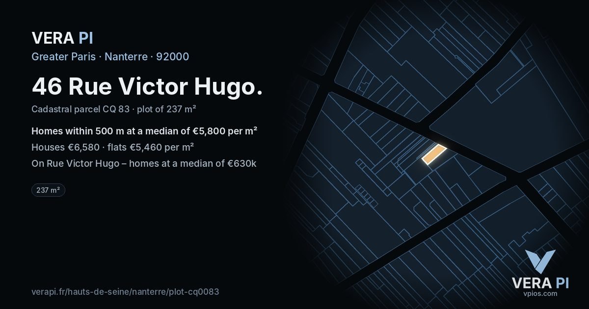 46 Rue Victor Hugo, Nanterre at night – the plot lit, the parcels around coloured by the prices near them