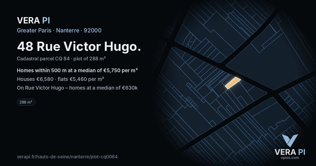 48 Rue Victor Hugo, Nanterre at night – the plot lit, the parcels around coloured by the prices near them
