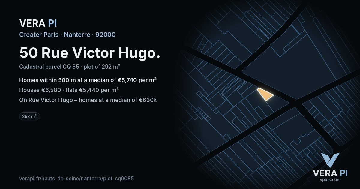 50 Rue Victor Hugo, Nanterre at night – the plot lit, the parcels around coloured by the prices near them