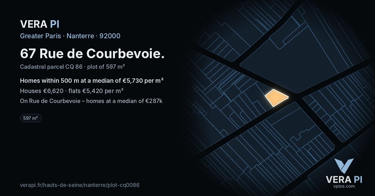 67 Rue de Courbevoie, Nanterre at night – the plot lit, the parcels around coloured by the prices near them