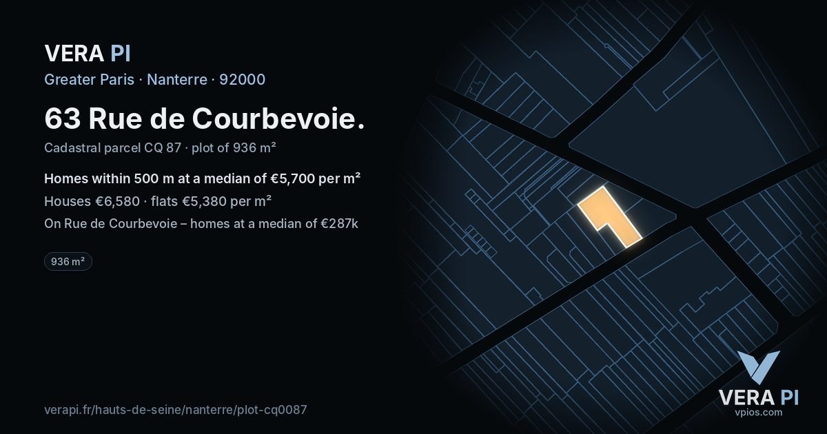 63 Rue de Courbevoie, Nanterre at night – the plot lit, the parcels around coloured by the prices near them