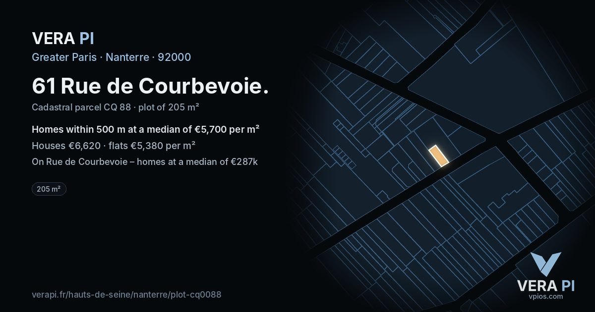61 Rue de Courbevoie, Nanterre at night – the plot lit, the parcels around coloured by the prices near them