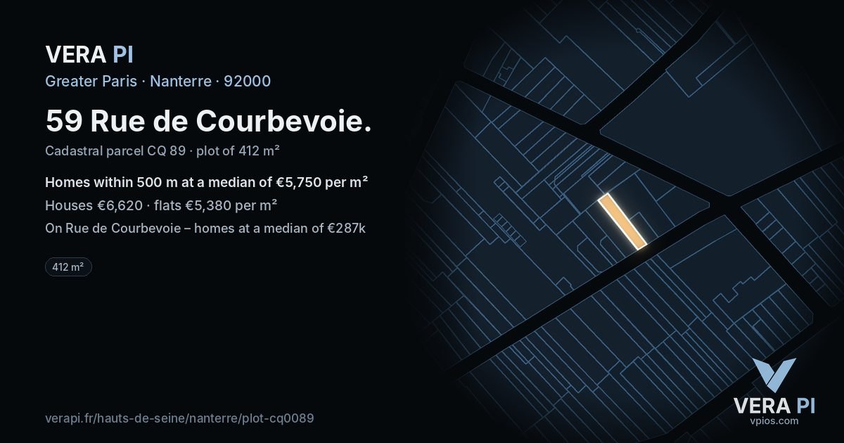 59 Rue de Courbevoie, Nanterre at night – the plot lit, the parcels around coloured by the prices near them