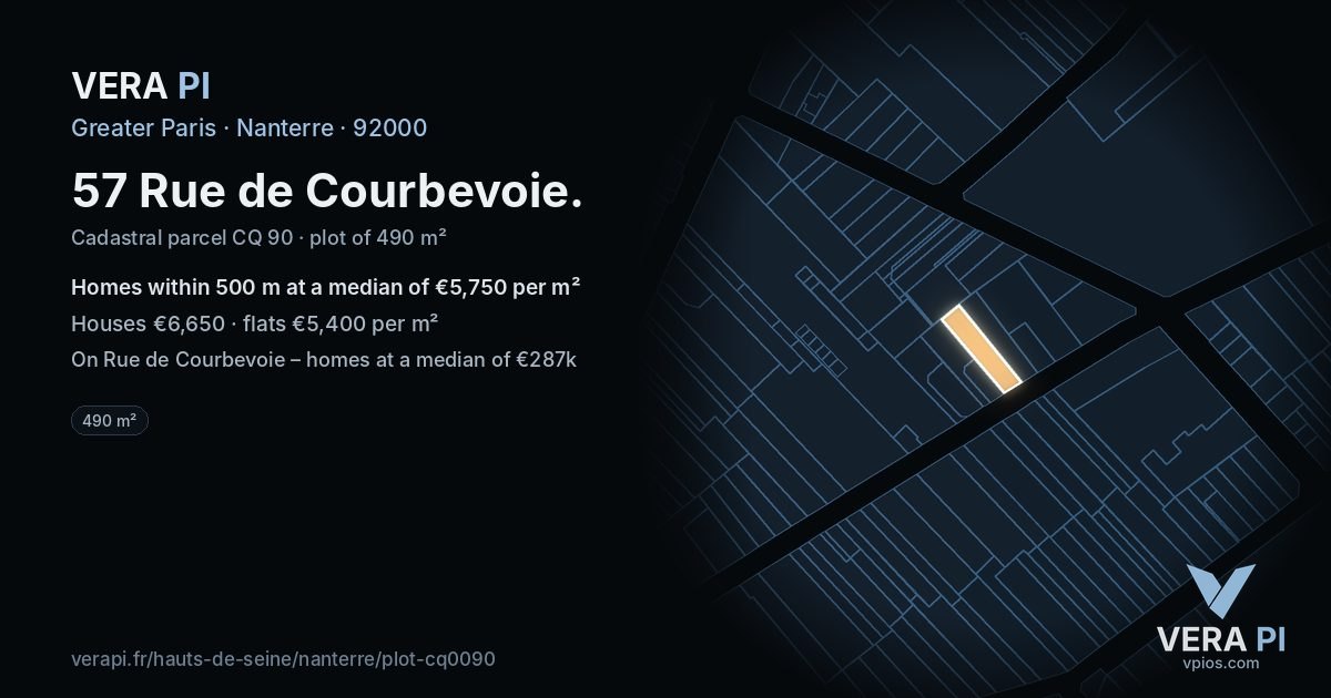 57 Rue de Courbevoie, Nanterre at night – the plot lit, the parcels around coloured by the prices near them