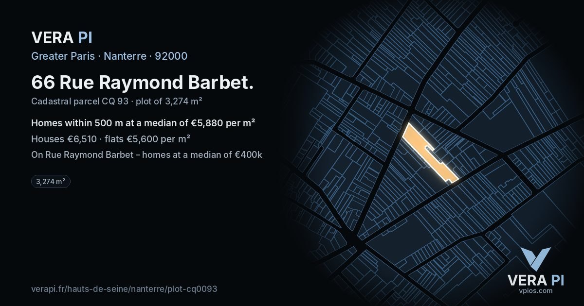66 Rue Raymond Barbet, Nanterre at night – the plot lit, the parcels around coloured by the prices near them