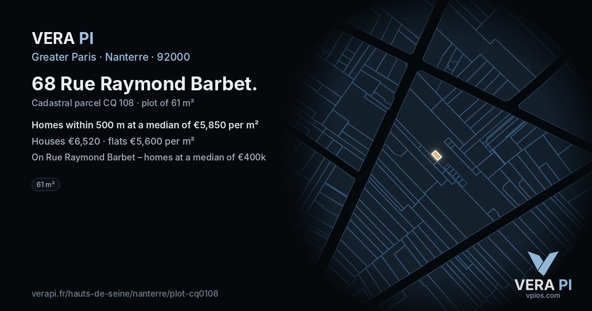 68 Rue Raymond Barbet, Nanterre at night – the plot lit, the parcels around coloured by the prices near them