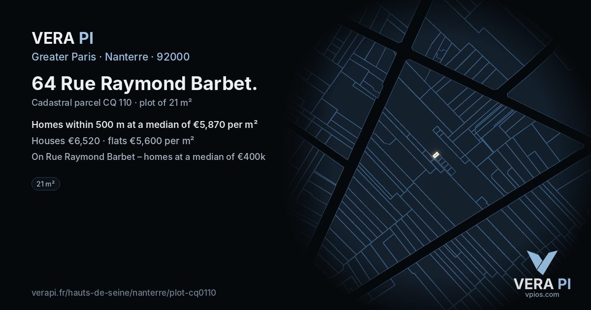 64 Rue Raymond Barbet, Nanterre at night – the plot lit, the parcels around coloured by the prices near them