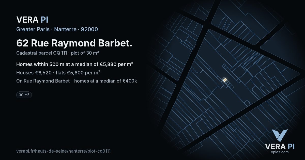 62 Rue Raymond Barbet, Nanterre at night – the plot lit, the parcels around coloured by the prices near them
