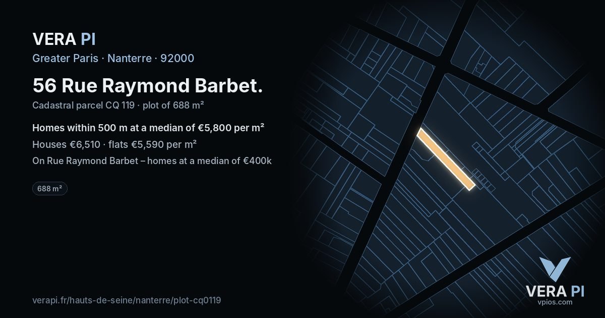 56 Rue Raymond Barbet, Nanterre at night – the plot lit, the parcels around coloured by the prices near them