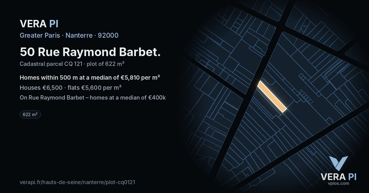 50 Rue Raymond Barbet, Nanterre at night – the plot lit, the parcels around coloured by the prices near them