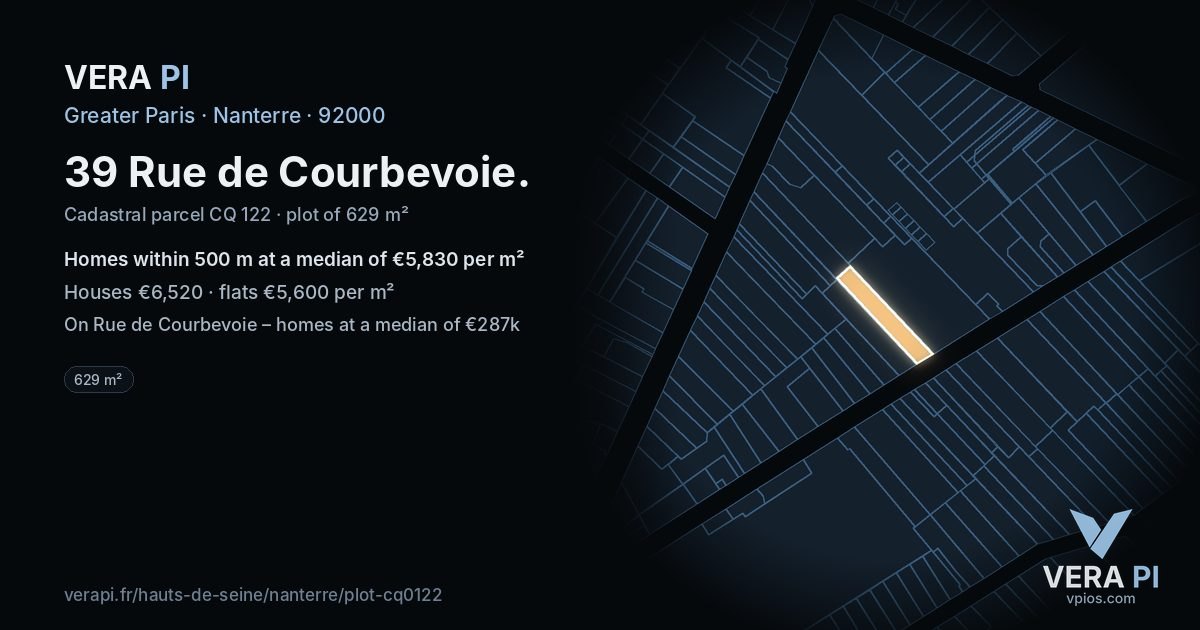 39 Rue de Courbevoie, Nanterre at night – the plot lit, the parcels around coloured by the prices near them