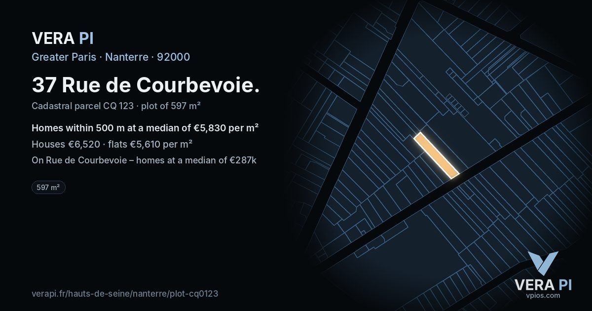 37 Rue de Courbevoie, Nanterre at night – the plot lit, the parcels around coloured by the prices near them