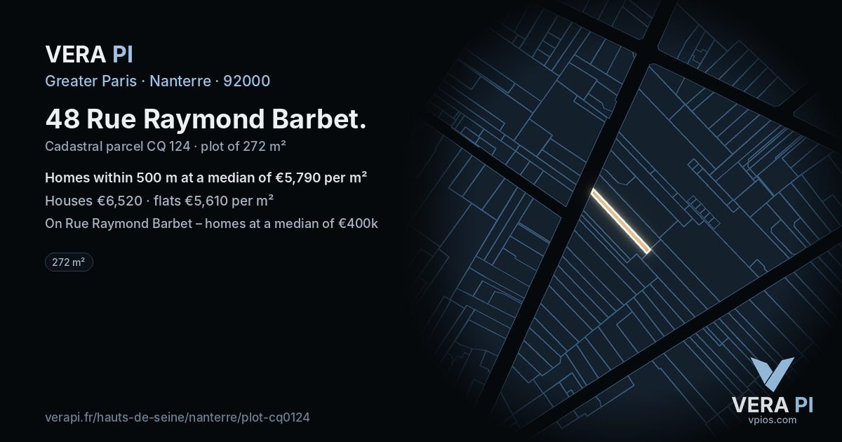 48 Rue Raymond Barbet, Nanterre at night – the plot lit, the parcels around coloured by the prices near them