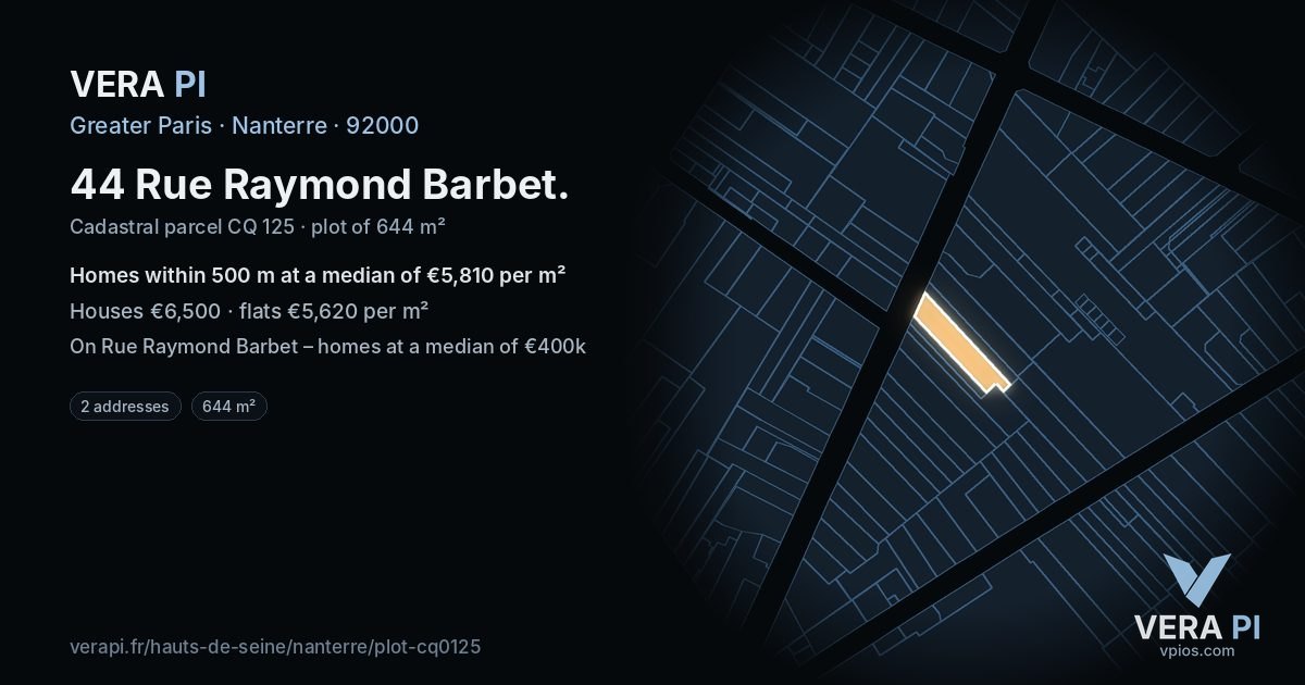 44 Rue Raymond Barbet, Nanterre at night – the plot lit, the parcels around coloured by the prices near them