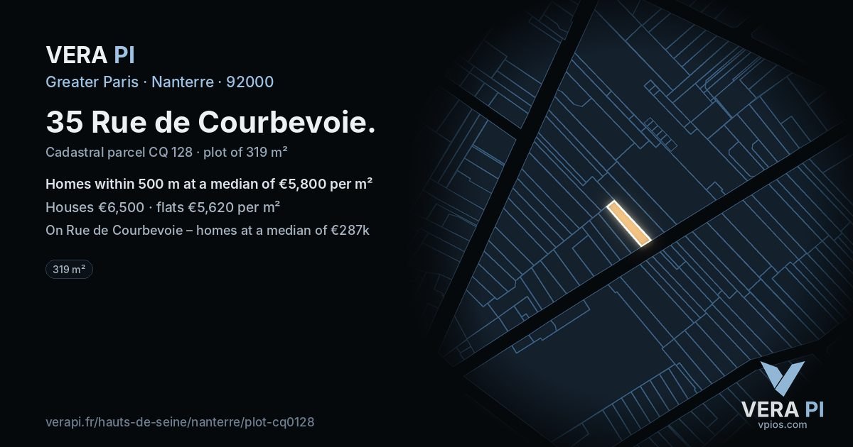 35 Rue de Courbevoie, Nanterre at night – the plot lit, the parcels around coloured by the prices near them