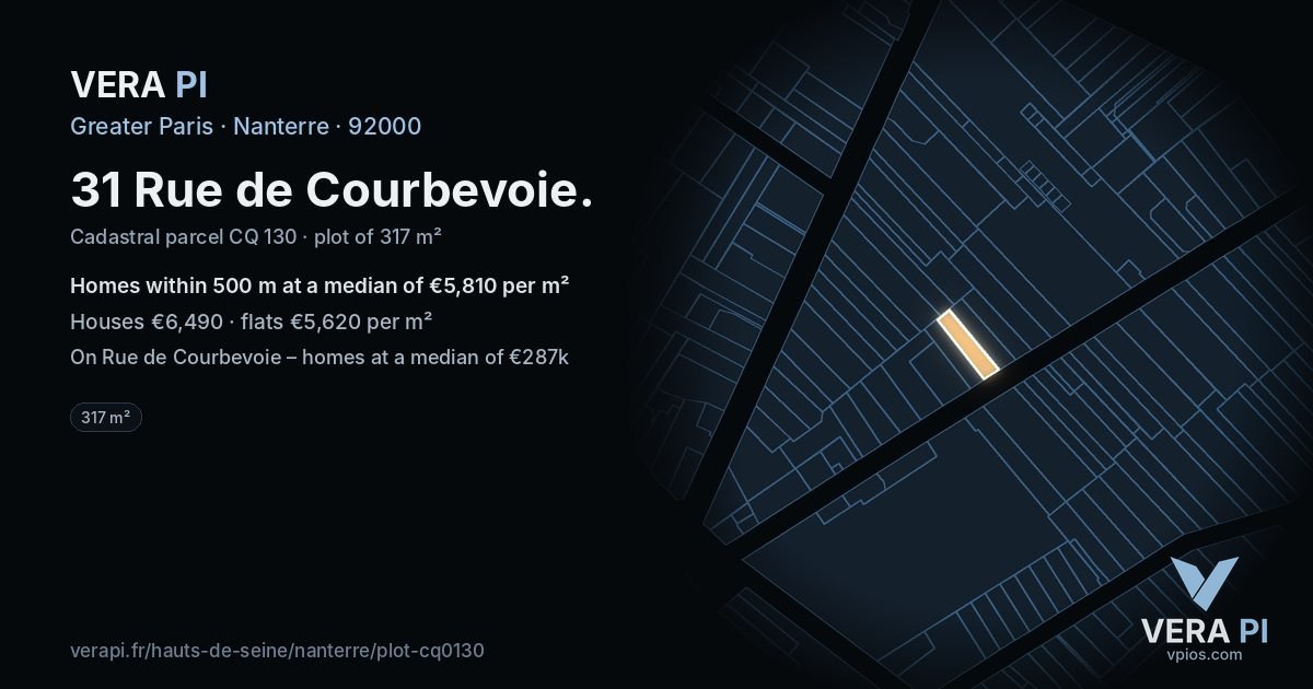 31 Rue de Courbevoie, Nanterre at night – the plot lit, the parcels around coloured by the prices near them