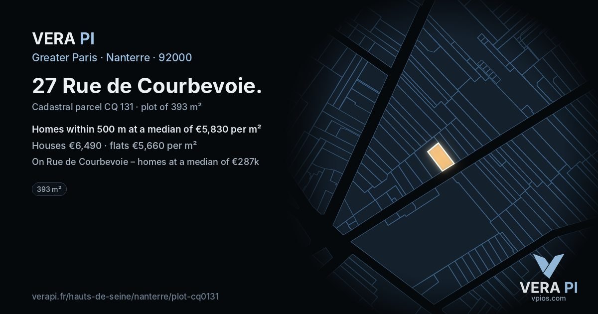27 Rue de Courbevoie, Nanterre at night – the plot lit, the parcels around coloured by the prices near them