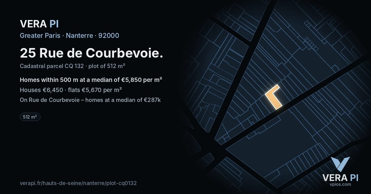 25 Rue de Courbevoie, Nanterre at night – the plot lit, the parcels around coloured by the prices near them