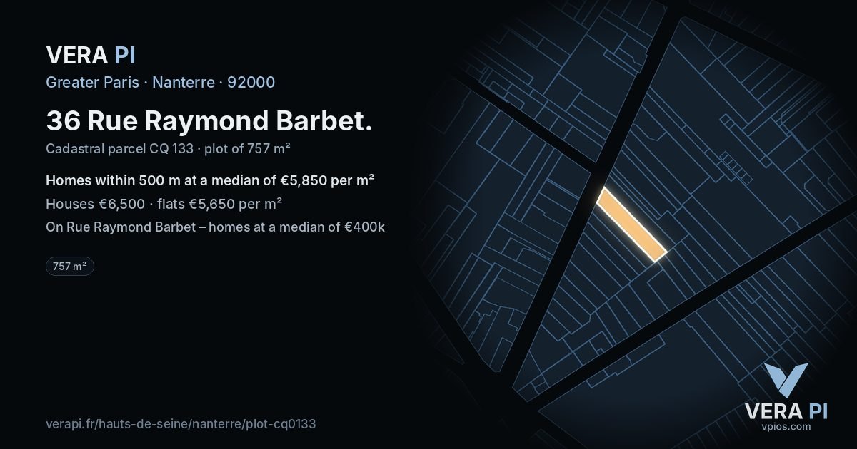 36 Rue Raymond Barbet, Nanterre at night – the plot lit, the parcels around coloured by the prices near them