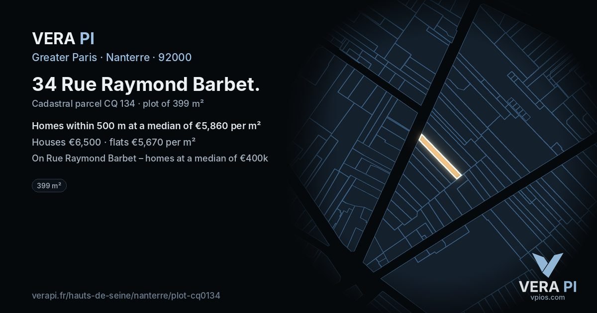 34 Rue Raymond Barbet, Nanterre at night – the plot lit, the parcels around coloured by the prices near them