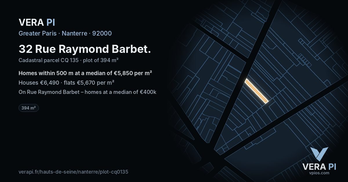 32 Rue Raymond Barbet, Nanterre at night – the plot lit, the parcels around coloured by the prices near them