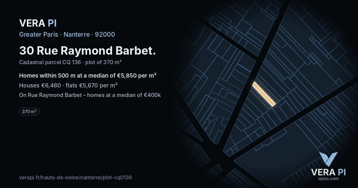 30 Rue Raymond Barbet, Nanterre at night – the plot lit, the parcels around coloured by the prices near them