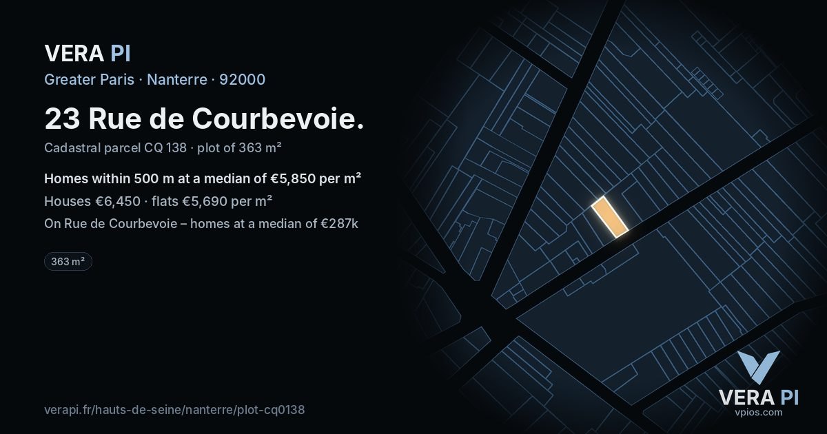 23 Rue de Courbevoie, Nanterre at night – the plot lit, the parcels around coloured by the prices near them