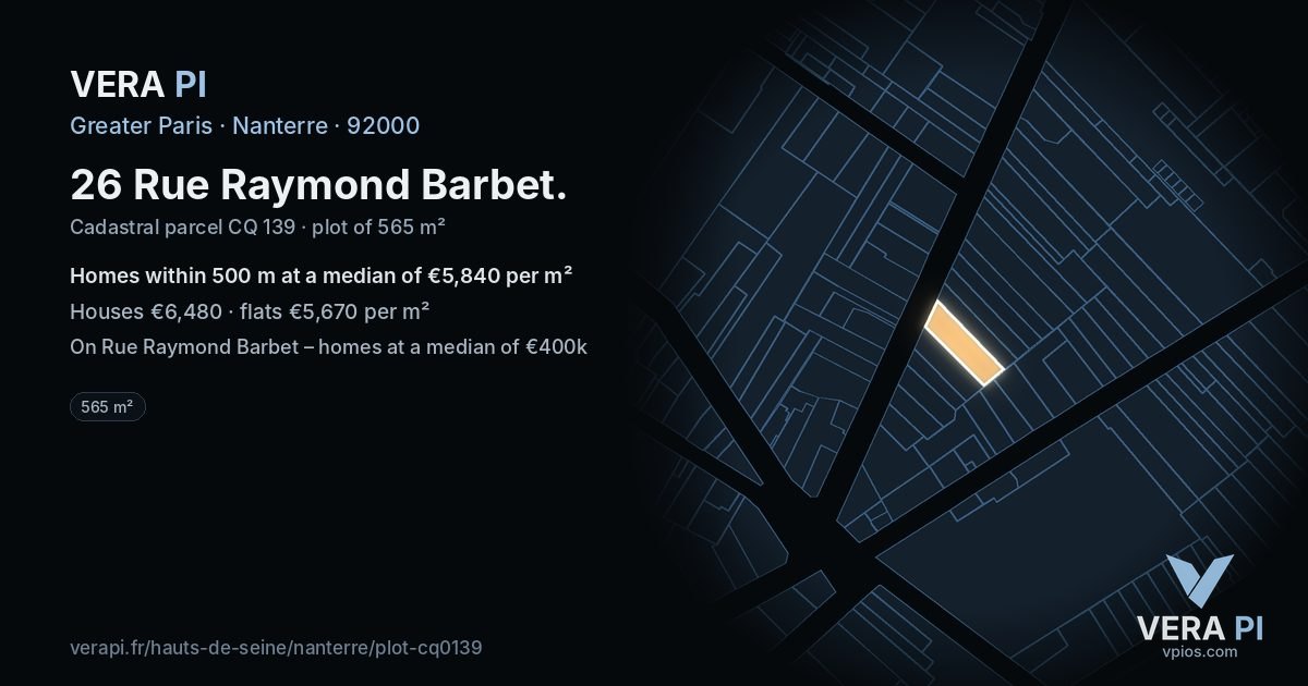 26 Rue Raymond Barbet, Nanterre at night – the plot lit, the parcels around coloured by the prices near them