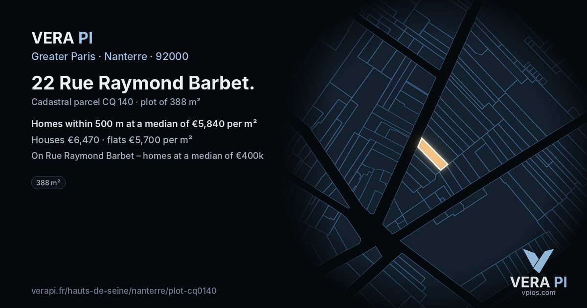22 Rue Raymond Barbet, Nanterre at night – the plot lit, the parcels around coloured by the prices near them