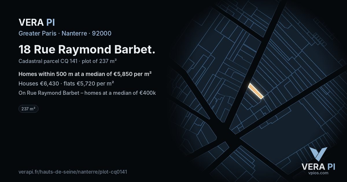 18 Rue Raymond Barbet, Nanterre at night – the plot lit, the parcels around coloured by the prices near them
