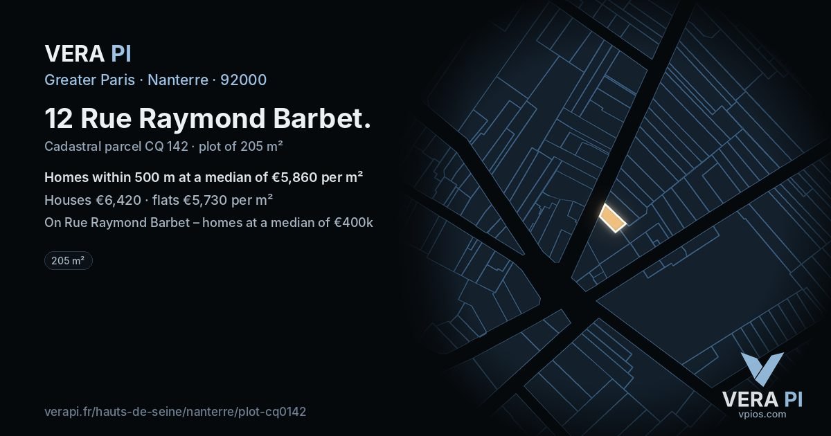 12 Rue Raymond Barbet, Nanterre at night – the plot lit, the parcels around coloured by the prices near them