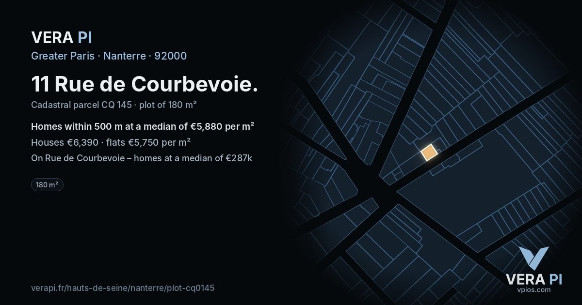 11 Rue de Courbevoie, Nanterre at night – the plot lit, the parcels around coloured by the prices near them