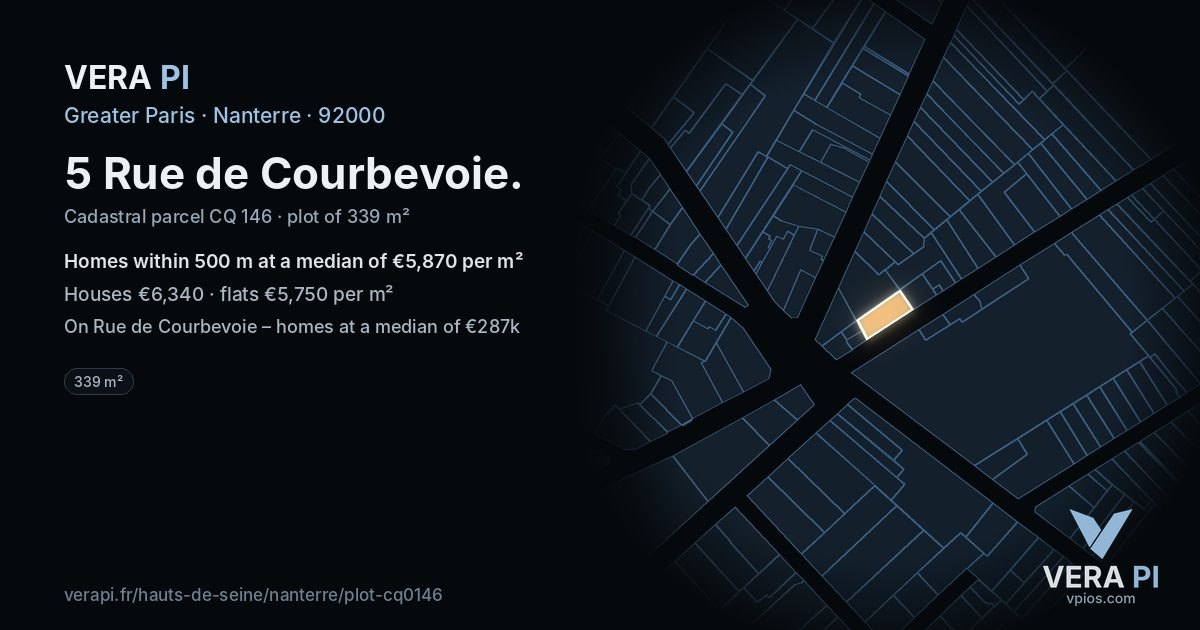 5 Rue de Courbevoie, Nanterre at night – the plot lit, the parcels around coloured by the prices near them