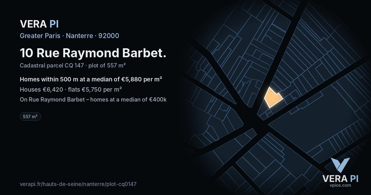 10 Rue Raymond Barbet, Nanterre at night – the plot lit, the parcels around coloured by the prices near them