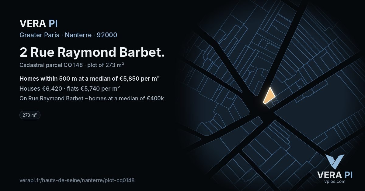 2 Rue Raymond Barbet, Nanterre at night – the plot lit, the parcels around coloured by the prices near them
