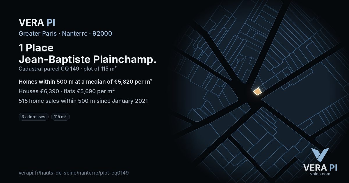 1 Place Jean-Baptiste Plainchamp, Nanterre at night – the plot lit, the parcels around coloured by the prices near them