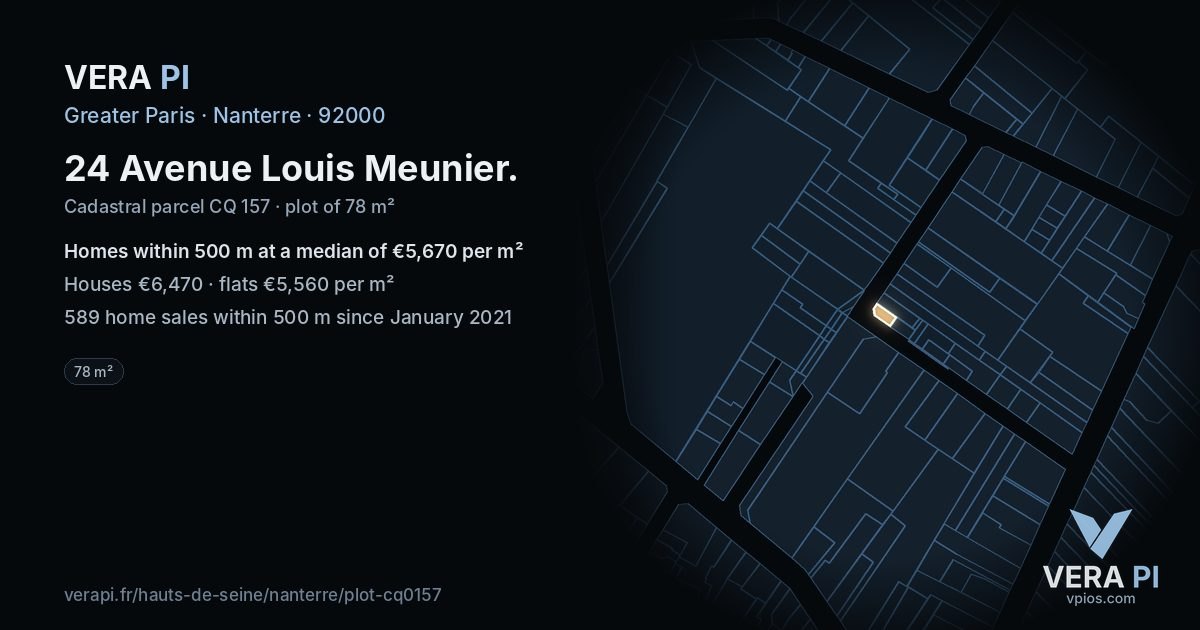 24 Avenue Louis Meunier, Nanterre at night – the plot lit, the parcels around coloured by the prices near them