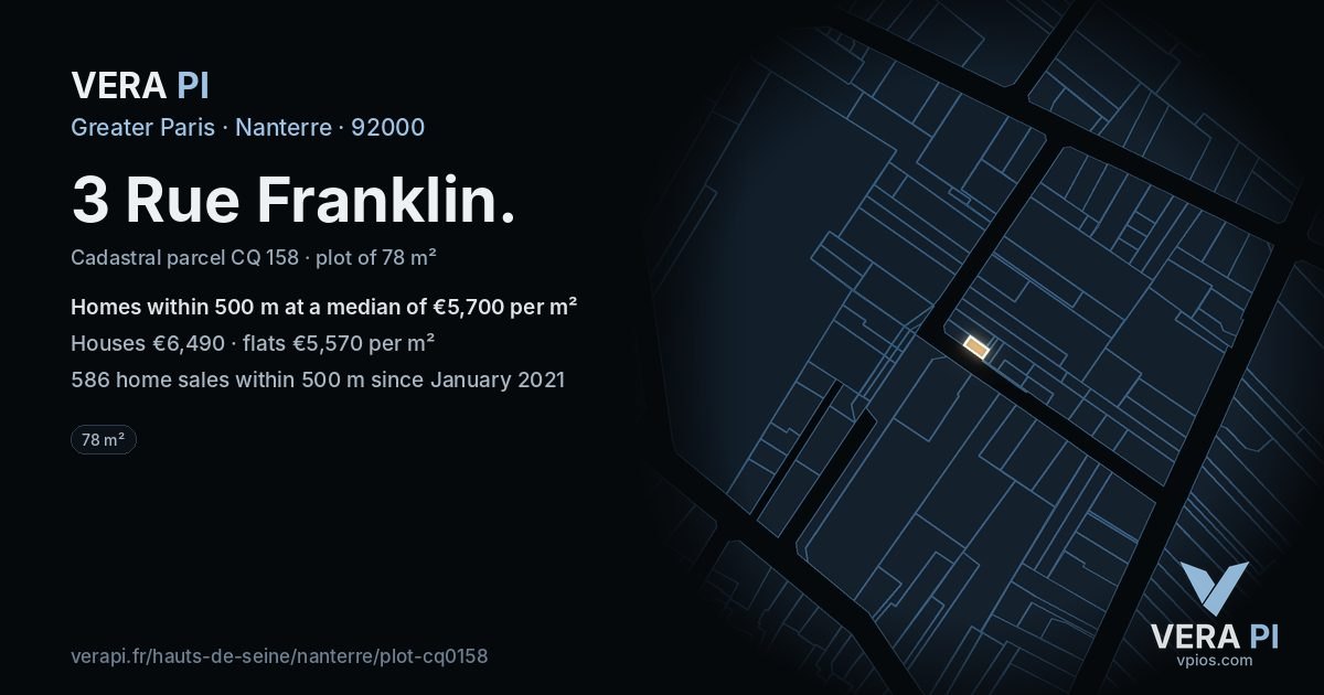 3 Rue Franklin, Nanterre at night – the plot lit, the parcels around coloured by the prices near them