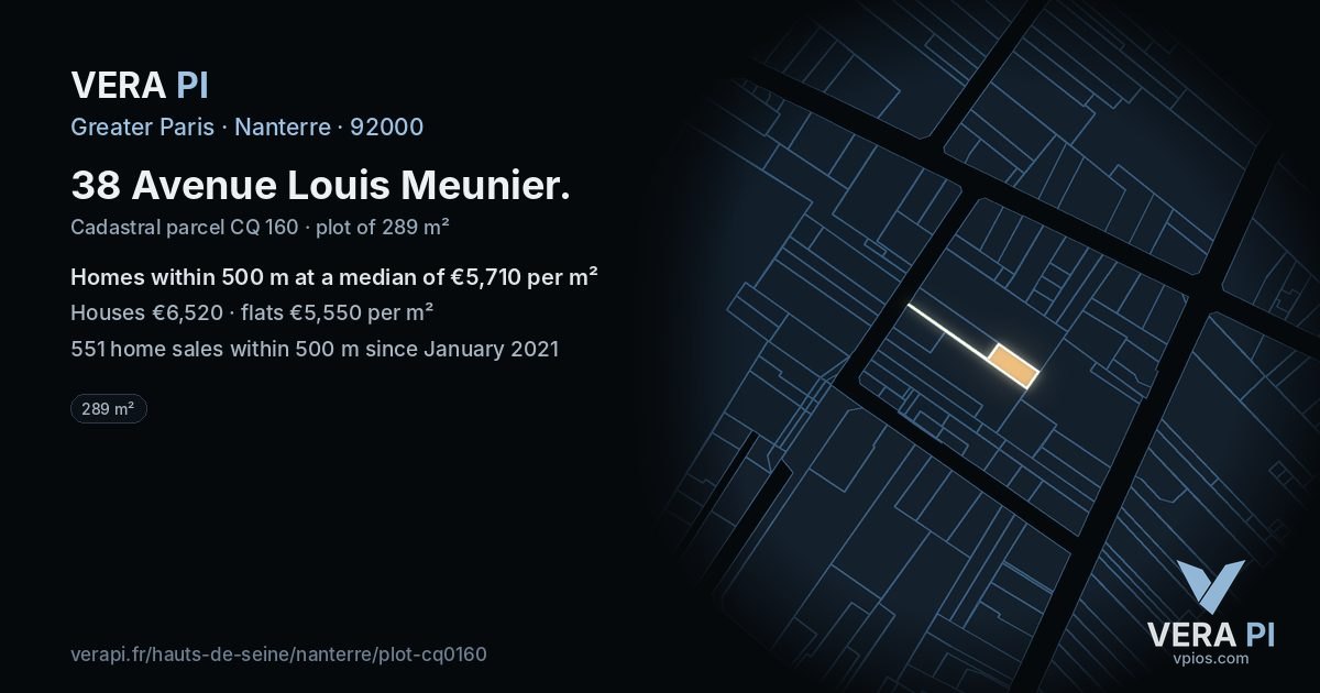 38 Avenue Louis Meunier, Nanterre at night – the plot lit, the parcels around coloured by the prices near them