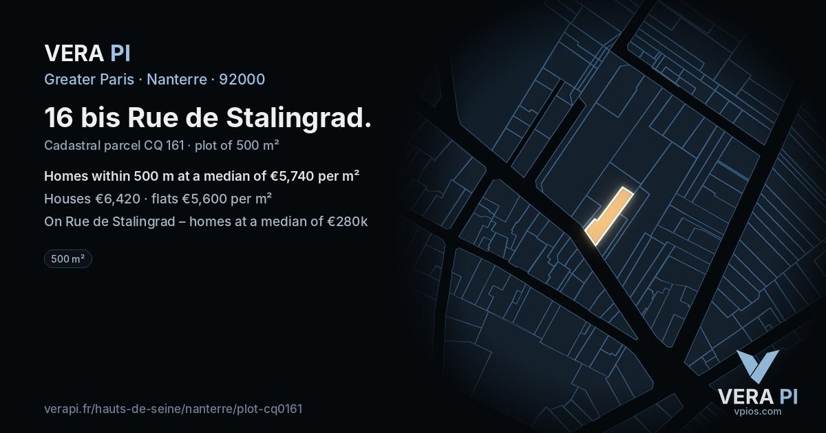 16 bis Rue de Stalingrad, Nanterre at night – the plot lit, the parcels around coloured by the prices near them