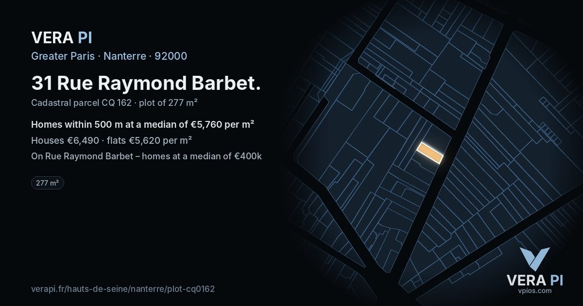31 Rue Raymond Barbet, Nanterre at night – the plot lit, the parcels around coloured by the prices near them