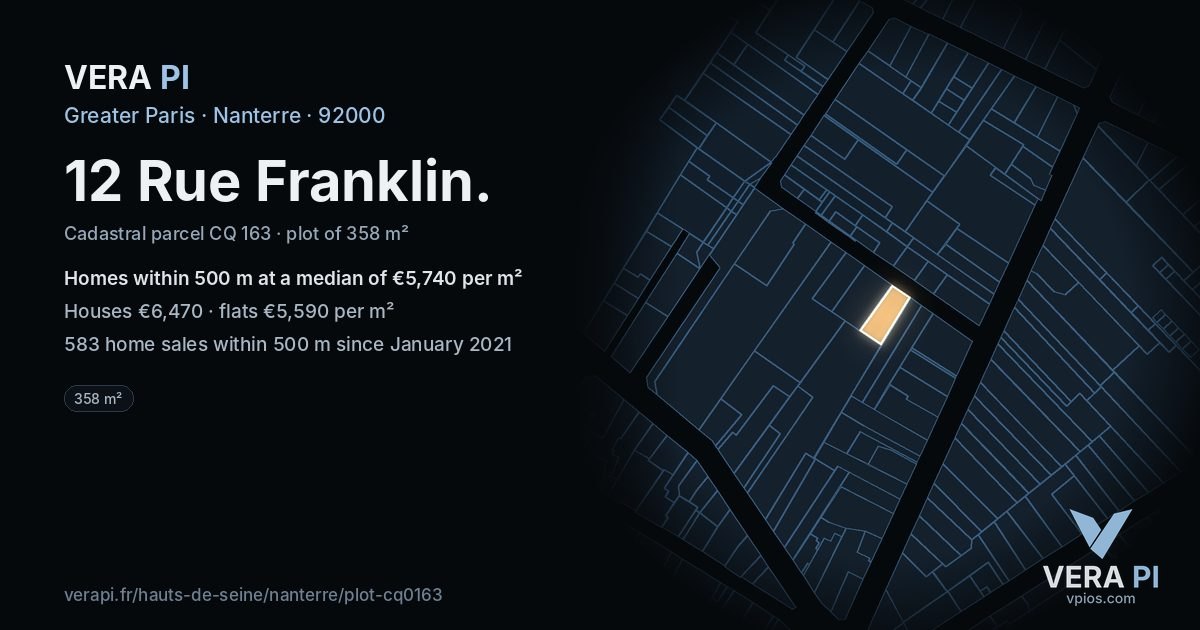 12 Rue Franklin, Nanterre at night – the plot lit, the parcels around coloured by the prices near them