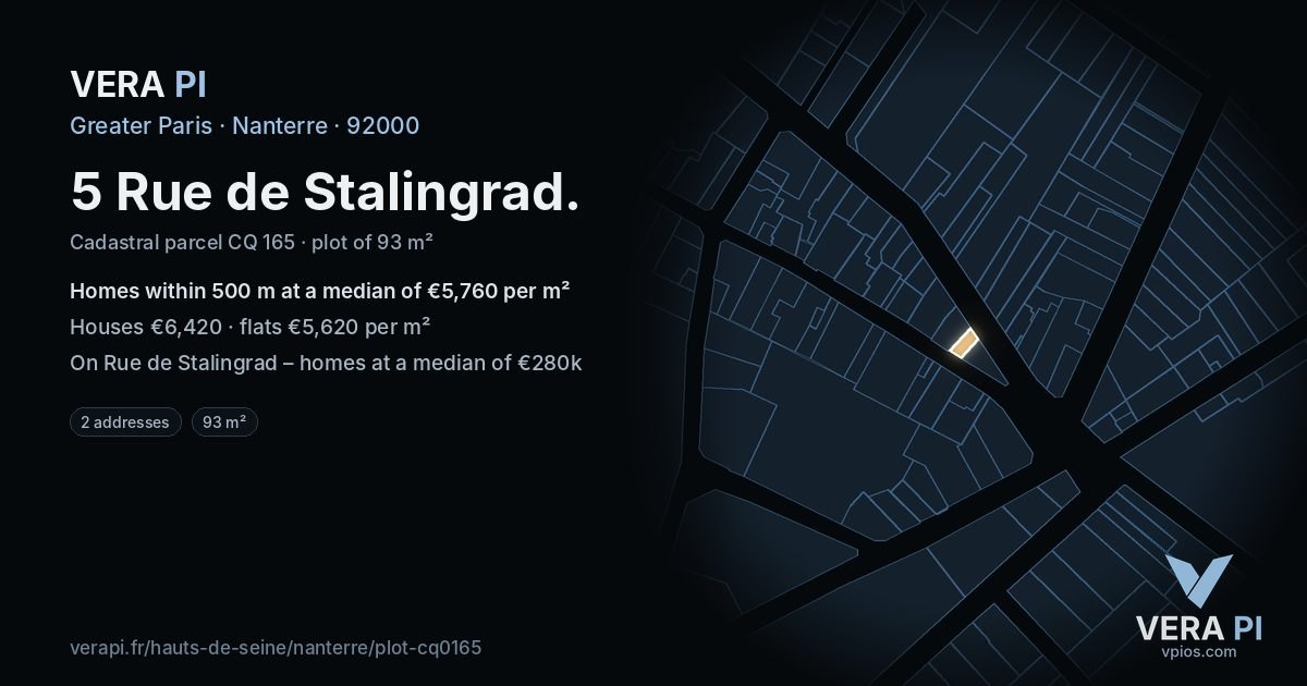 5 Rue de Stalingrad, Nanterre at night – the plot lit, the parcels around coloured by the prices near them